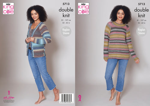 King Cole Double Knitting Pattern - Ladies Sweater & Cardigan (5713)