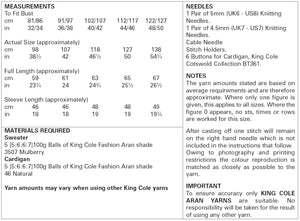 King Cole Aran Knitting Pattern - Ladies Sweater & Cardigan (5720)