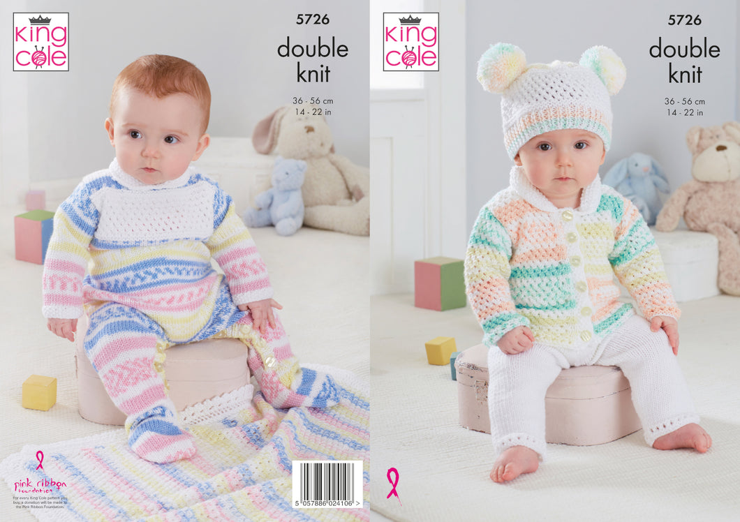 King Cole Double Knit Knitting Pattern - Baby Cardigan Trousers & Blanket (5726)