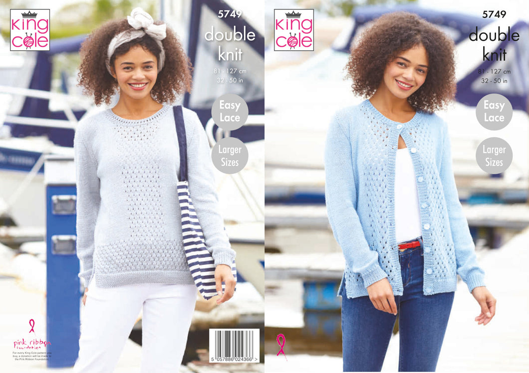 King Cole Double Knit Knitting Pattern - Ladies Sweater & Cardigan (5749)
