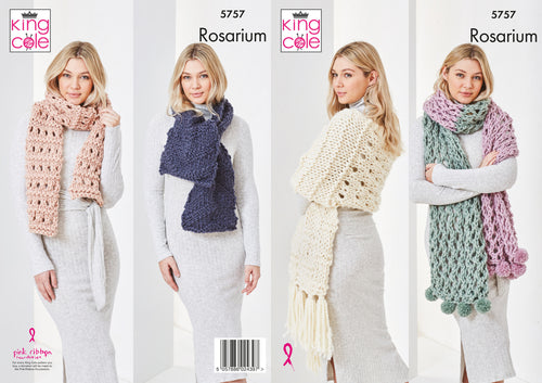 King Cole Rosarium Knitting Pattern - Ladies Shawls & Scarves (5757)