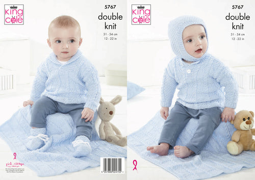 King Cole DK Knitting Pattern - Baby Blanket Sweaters Helmet & Bootees (5767)