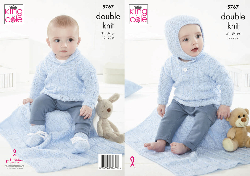 King Cole DK Knitting Pattern - Baby Blanket Sweaters Helmet & Bootees (5767)