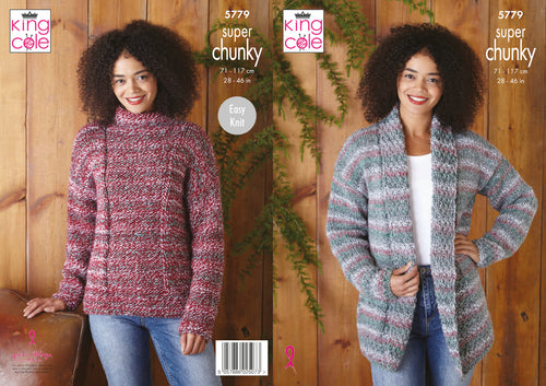 King Cole Super Chunky Knitting Pattern - Ladies Sweater & Jacket (5779)