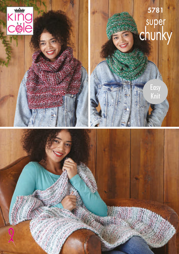 King Cole Super Chunky Knitting Pattern - Throw Scarf Snood & Hat (5781)