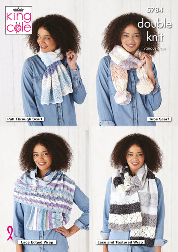 King Cole Double Knitting Pattern - Ladies Scarves & Wraps (5784)
