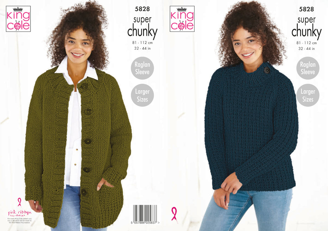 King Cole Super Chunky Knitting Pattern - Ladies Sweater & Jacket (5828)