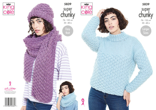 King Cole Super Chunky Knitting Pattern - Ladies Sweater & Accessories (5839)