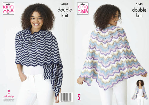 King Cole Double Knit Knitting Pattern - Ladies Wrap & Shawl (5843)