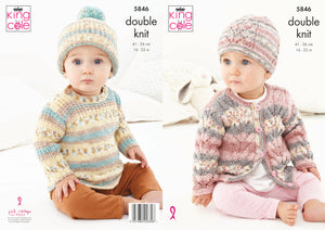 King Cole Double Knit Knitting Pattern - Baby Sweater Cardigan & Hats (5846)