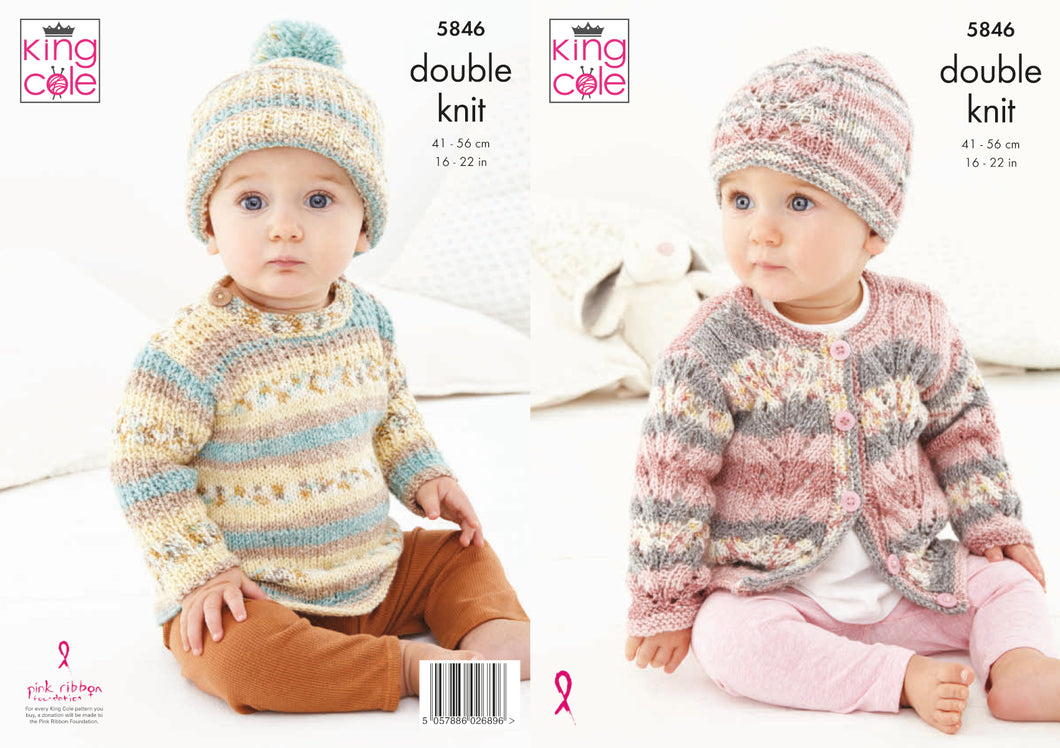 King Cole Double Knit Knitting Pattern - Baby Sweater Cardigan & Hats (5846)