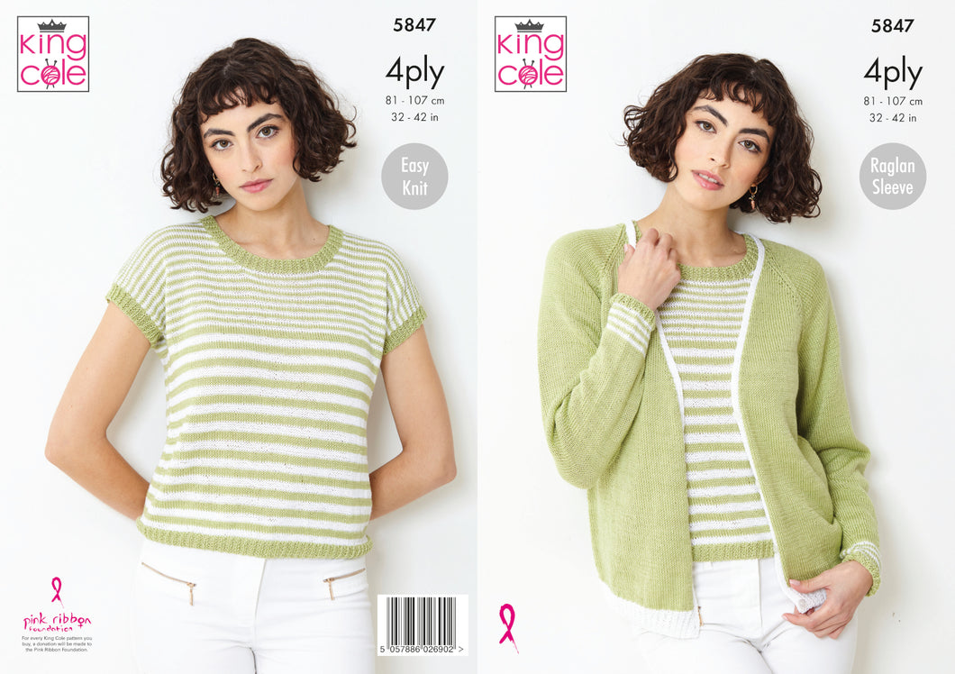 King Cole 4ply Knitting Pattern - Ladies Top & Cardigan (5847)