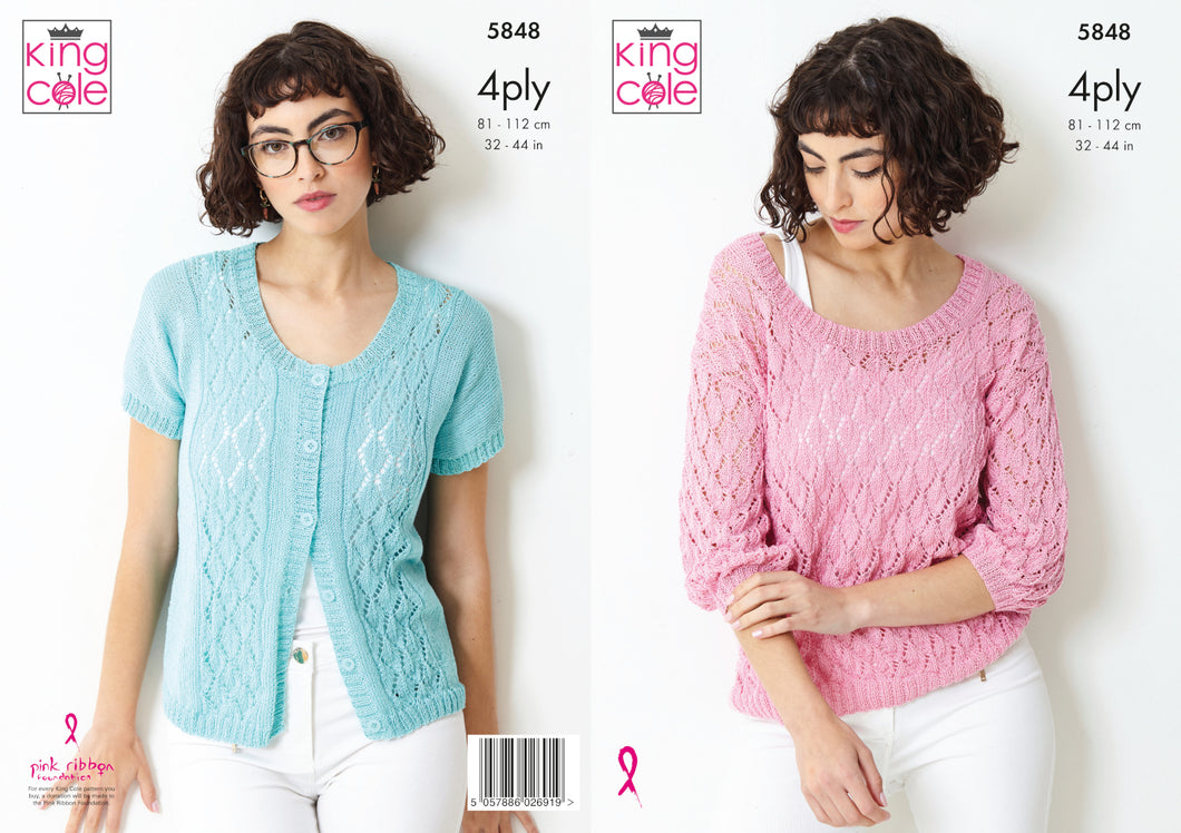 King Cole 4ply Knitting Pattern - Ladies Top & Cardigan (5848)