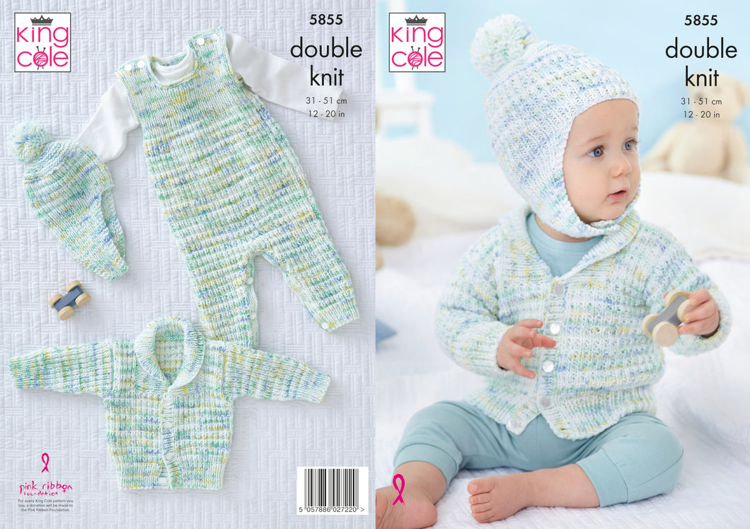 King Cole DK Knitting Pattern - Baby Dungarees Jacket & Hat (5855)