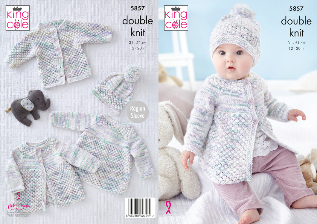 King Cole DK Knitting Pattern - Baby Coat Top Jacket & Hat (5857)