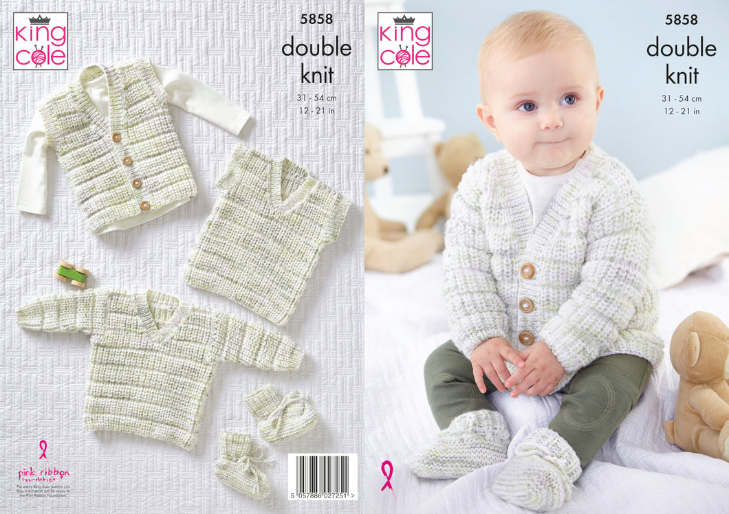 King Cole DK Knitting Pattern - Baby Cardigan Waistcoat Sweater & Bootees (5858)