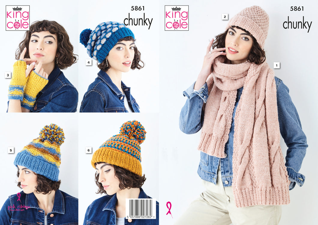 King Cole Chunky Knitting Pattern - Ladies Scarf Hand Warmers & Hats (5861)