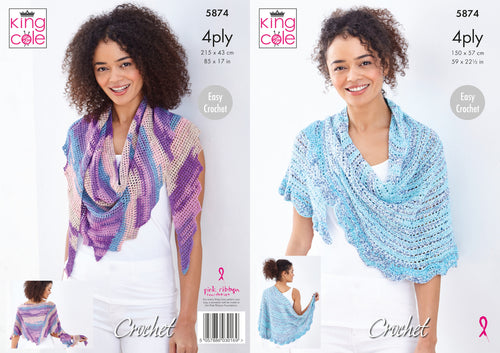 King Cole 4ply Crochet Pattern - Ladies Shawls (5874)