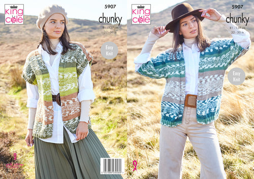 King Cole Chunky Knitting Pattern - Ladies Cardigan & Waistcoat (5907)