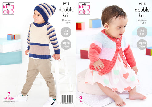 King Cole DK Knitting Pattern - Baby & Child Sweater Cardigan & Hat (5918)