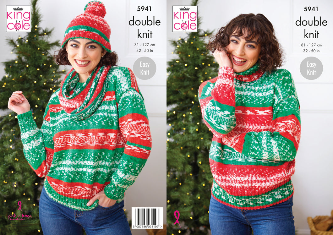 King Cole DK Knitting Pattern - Ladies Sweaters Cowl & Hat (5941)