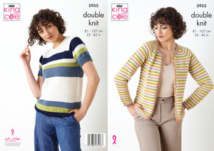 King Cole DK Knitting Pattern - Ladies Striped Sweater & Cardigan (5955)
