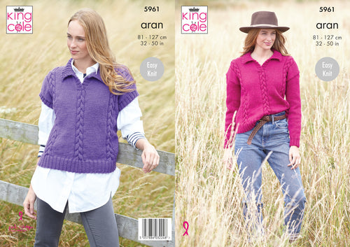 King Cole Aran Knitting Pattern - Ladies Sweater & Tank Top (5961)