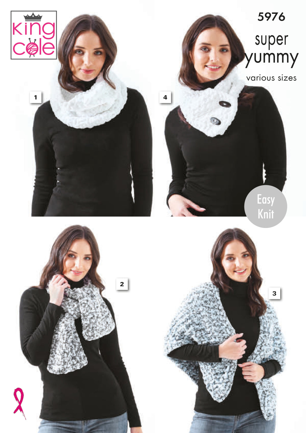King Cole Super Yummy Knitting Pattern - Ladies Cowl & Scarves (5976)