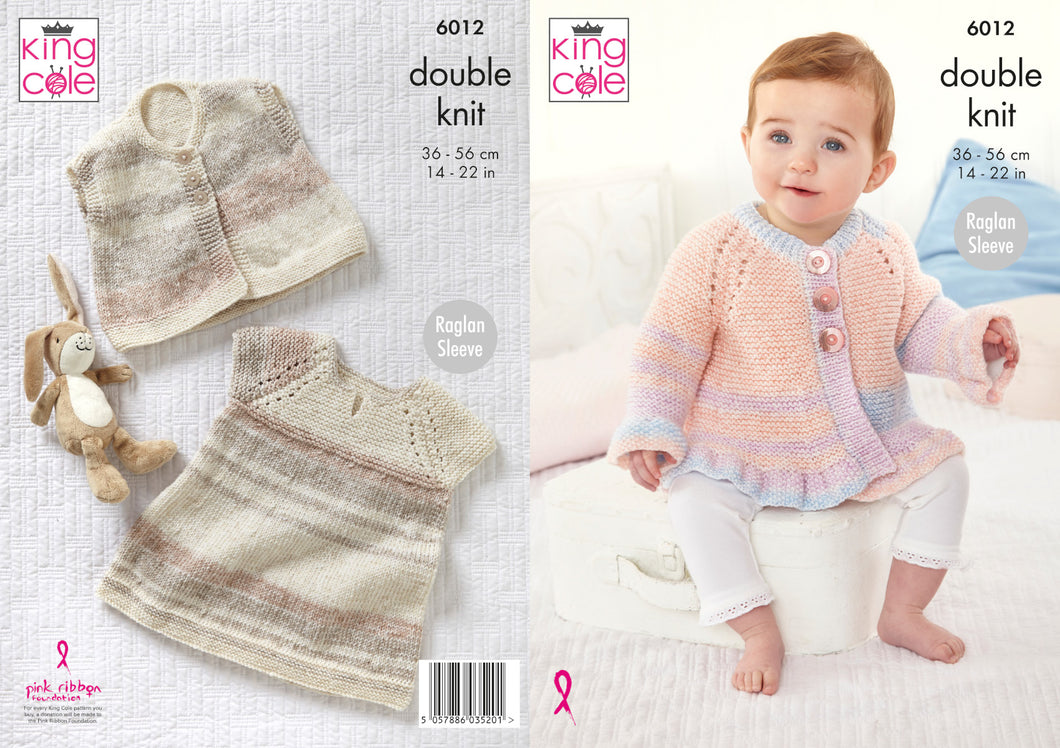 King Cole DK Knitting Pattern - Baby Cardigan Dress & Gilet (6012)