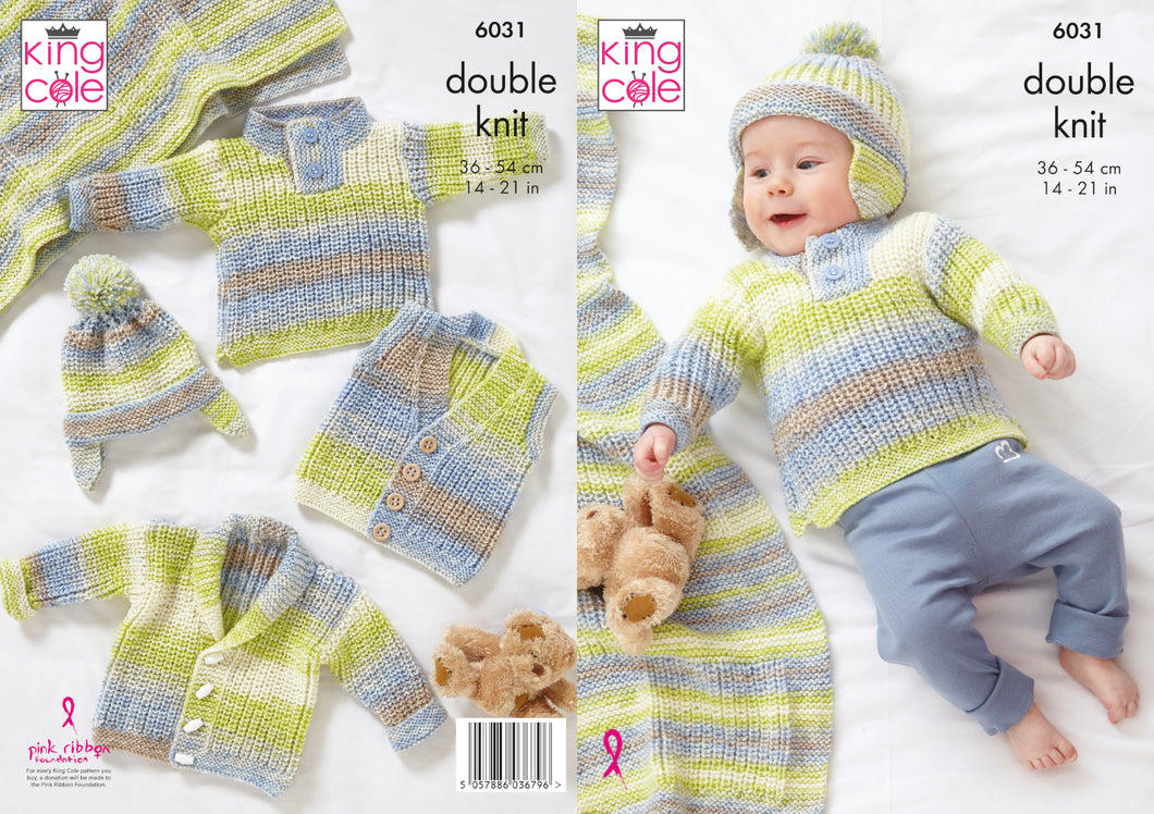 King Cole DK Knitting Pattern - Baby Jacket Gilet Sweater Hat & Blanket (6031)