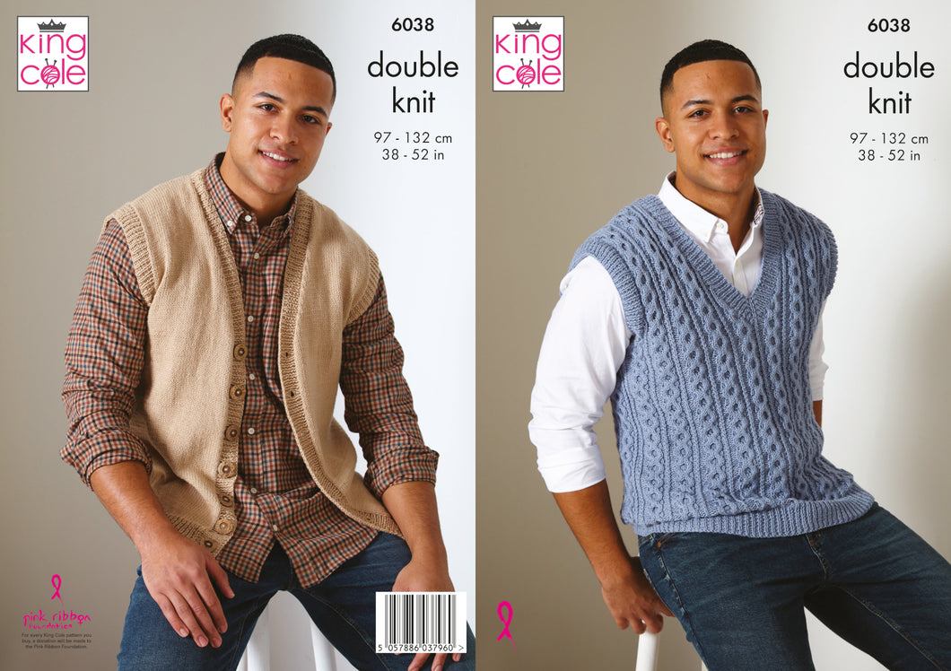 King Cole DK Knitting Pattern - Mens Sweater Vest & Waistcoat (6038)