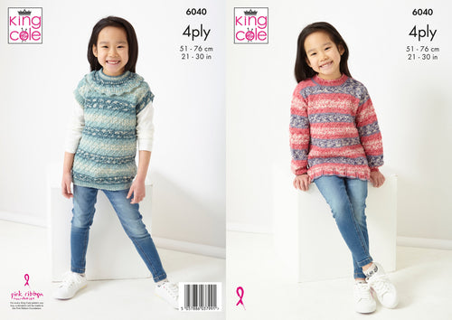 King Cole 4ply Knitting Pattern - Childrens Frill Neck Pullover & Sweater (6040)