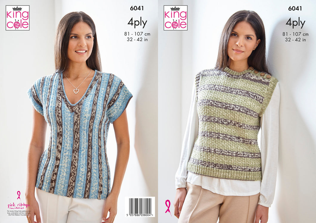 King Cole 4ply Knitting Pattern - Women's Short Sleeved Top & Pullover (6041)