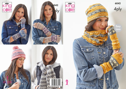 King Cole 4ply Knitting Pattern - Ladies Scarf ,Snood ,Hand Warmers & Hats(6042)
