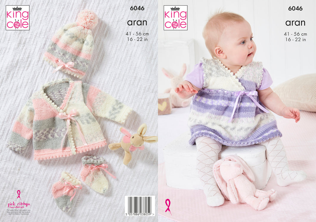 King Cole Aran Knitting Pattern - Baby Dress Cardigan Hat & Socks (6046)