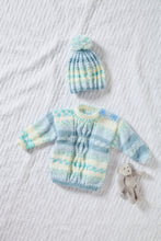 Load image into Gallery viewer, King Cole Aran Knitting Pattern - Baby Sweater Top Blanket &amp; Hat (6047)