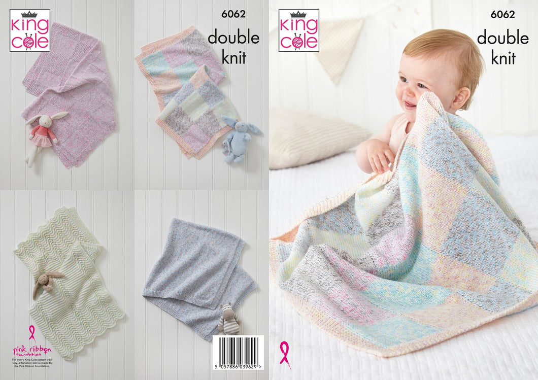 King Cole Double Knit Knitting Pattern - Baby Blankets (6062)