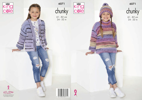 King Cole Chunky Knitting Pattern - Childrens Jumper, Cardigan & Hat (6071)
