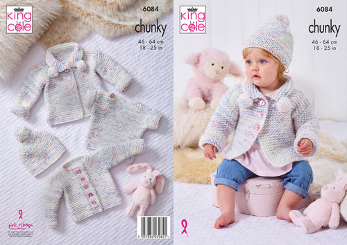 King Cole Chunky Knitting Pattern - Babies Cardigan, Top, Hat & Coat (6084)