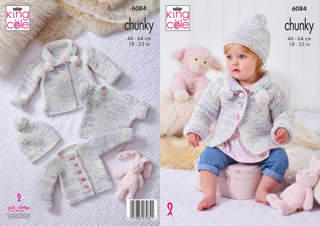 King Cole Chunky Knitting Pattern - Babies Cardigan, Top, Hat & Coat (6084)