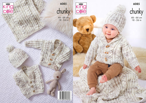 King Cole Knitting Pattern - Babies Cardigan, Gilet, Blanket, Hat & Jacket 6085