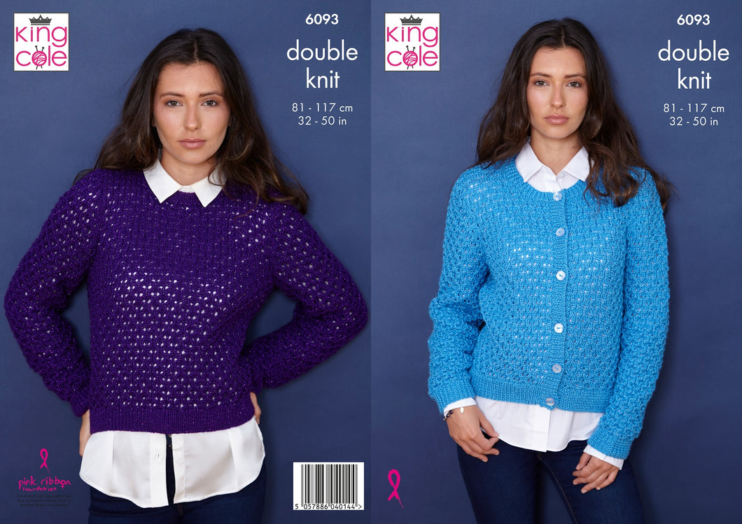King Cole Double Knit Knitting Pattern - Ladies DK Sweater & Cardigan (6093)