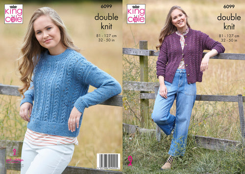 King Cole Double Knitting Pattern - Ladies Cable Sweater and Cardigan (6099)