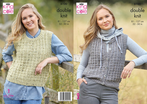 King Cole Double Knitting Pattern - Ladies Waistcoat & Button Up Tank Top (6100)