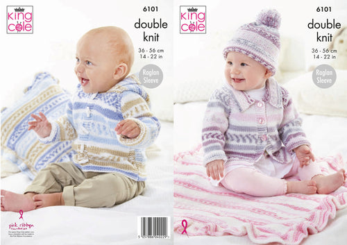King Cole DK Pattern - Baby Raglan Jacket, Hat, Blanket & Cushion cover (6101)