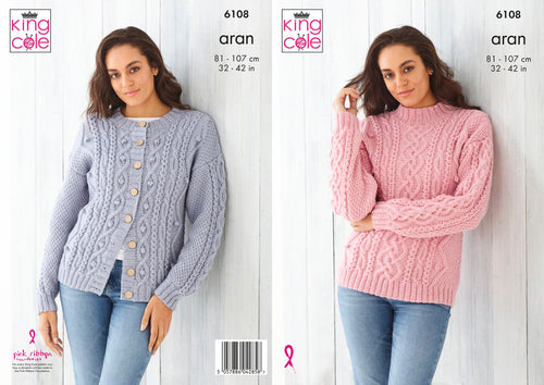 King Cole Wool Aran Knitting Pattern - Ladies Cabled Sweater & Cardigan (6108)