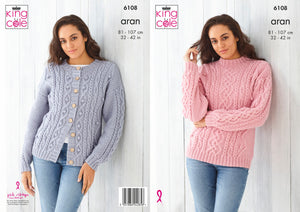 King Cole Wool Aran Knitting Pattern - Ladies Cabled Sweater & Cardigan (6108)