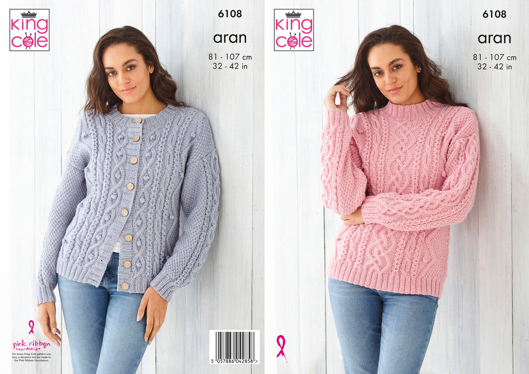 King Cole Wool Aran Knitting Pattern - Ladies Cabled Sweater & Cardigan (6108)