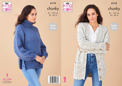 King Cole Chunky Knitting Pattern – Women's Cardigan and Roll Neck Sweater 6110