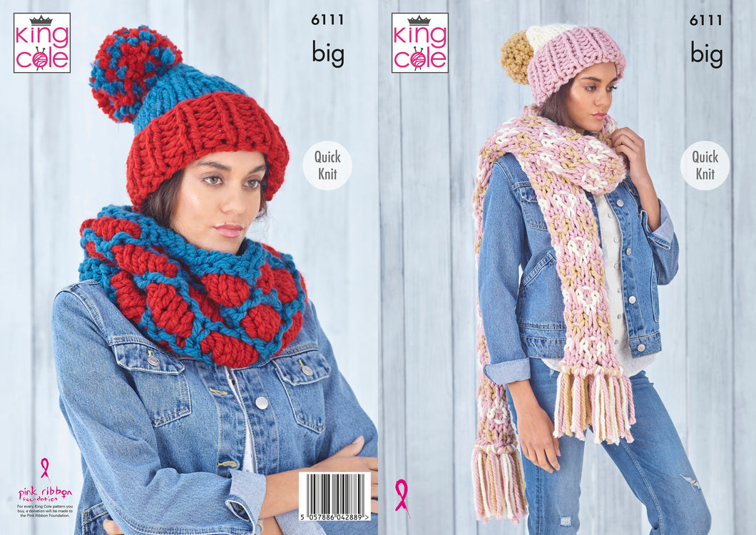 King Cole BIG Knitting Pattern - Ladies Apparel Snood, Scarf & Hats (6111)